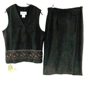 VTG Patchington 2 PC Midi Skirt Vest Set Women 10 M Faux Suede Paisley Lined